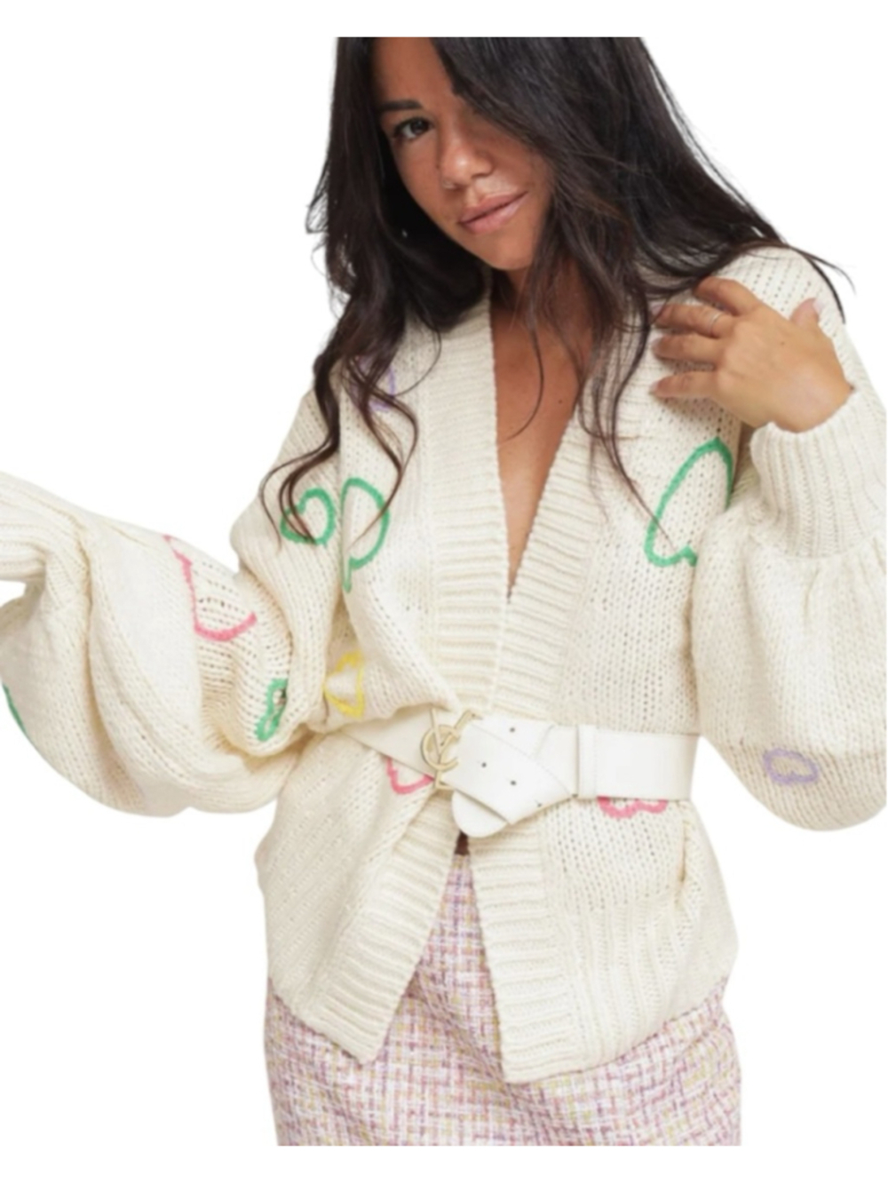 Glamorous Chunky Heart Cardigan, 10, Cream Oversized Balloon Sleeve